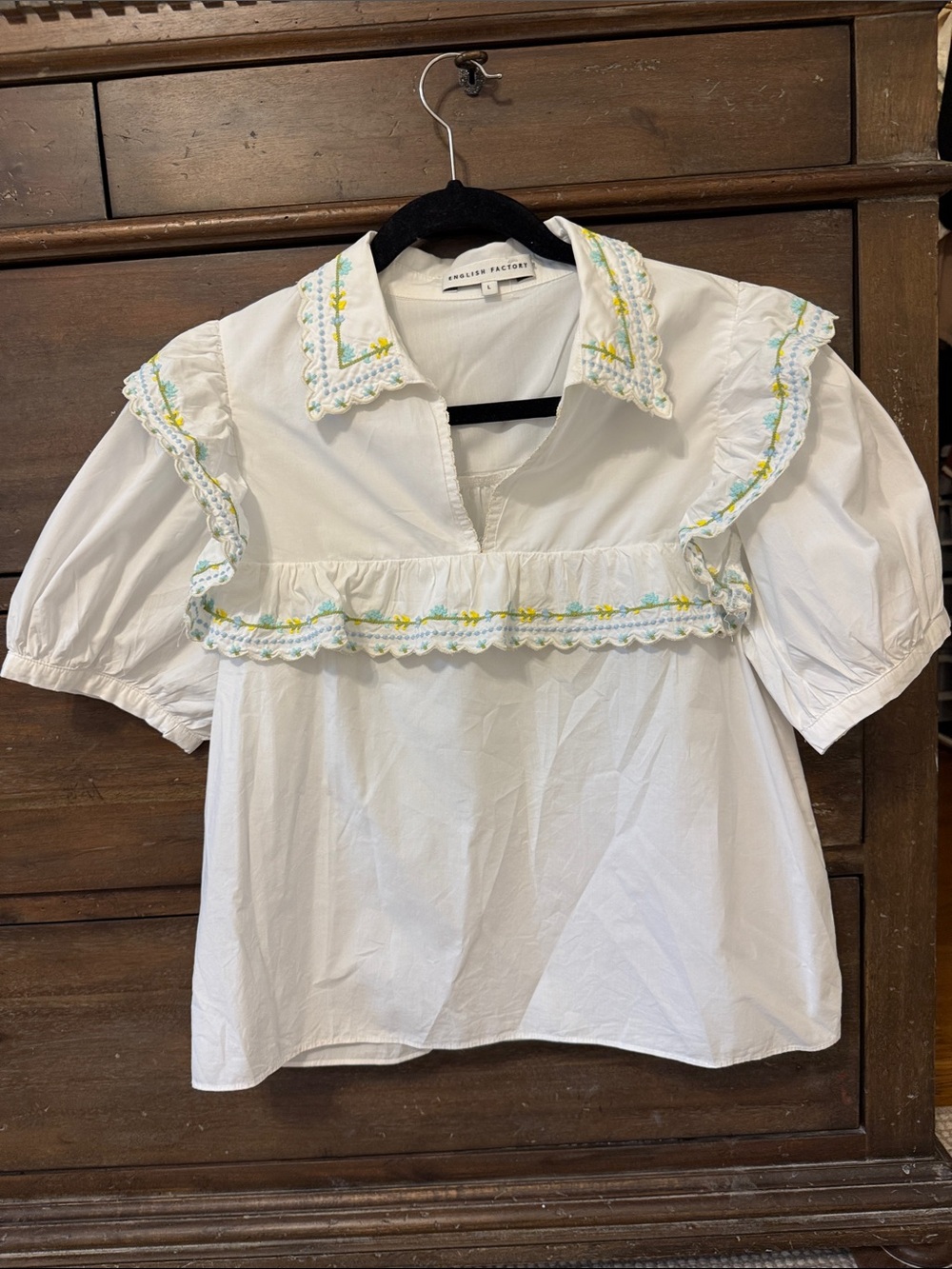 English Factory White Embroidered Ruffle Cotton Top L